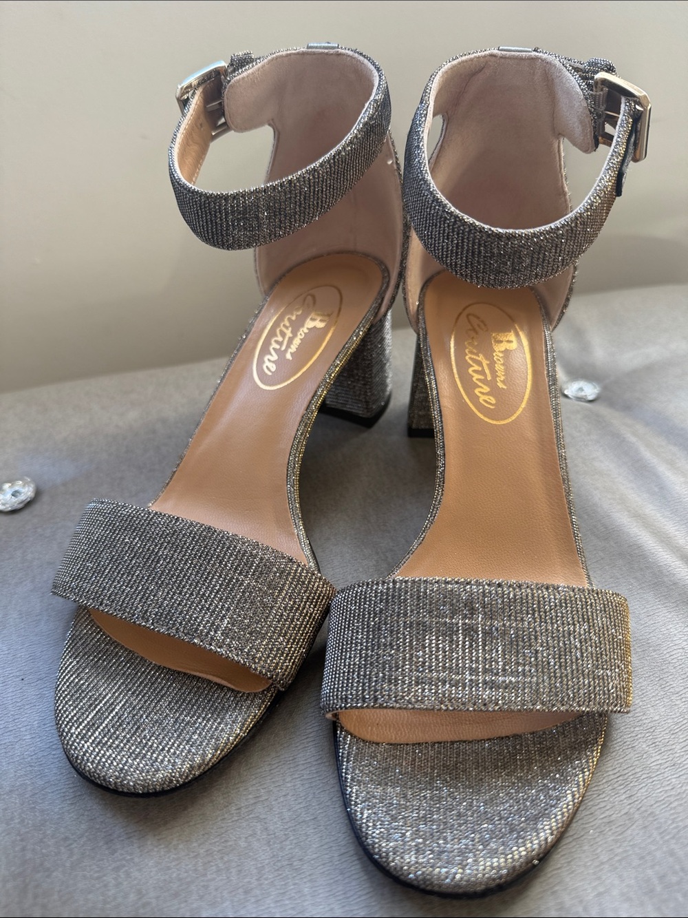 Metallic Ankle-Strap Block Heel Sandals - Silver